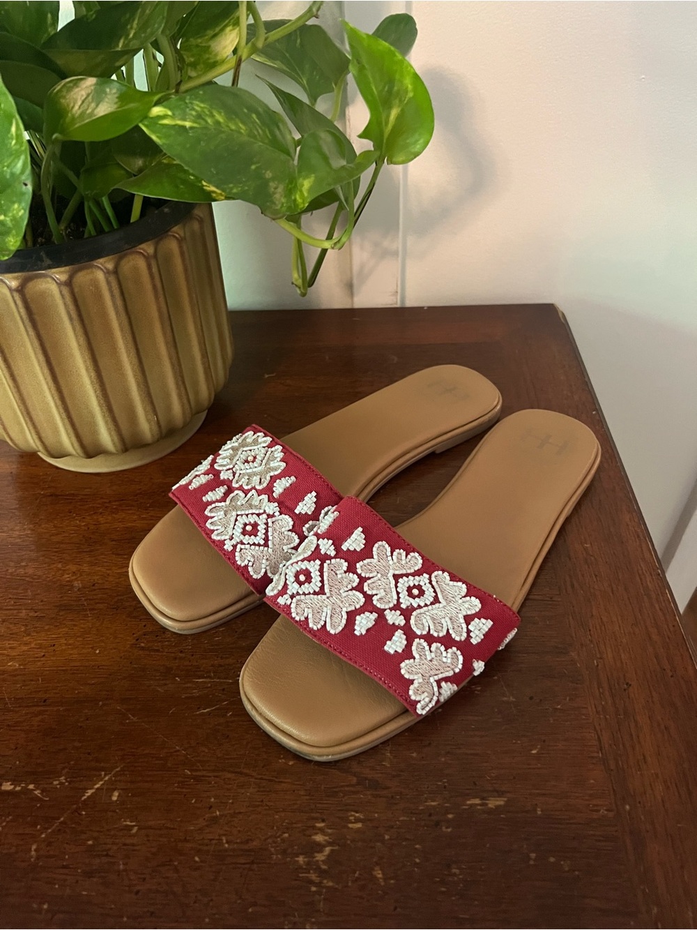 Haute Hippie Red Embroidered Slide Sandals with White Floral Motif size 9.5